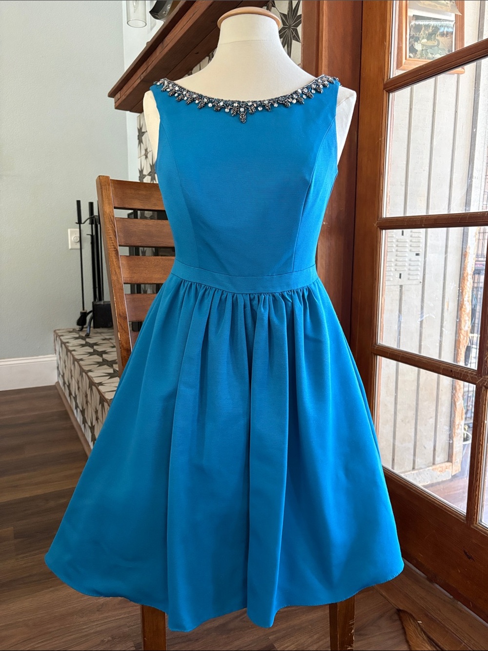 David Bridal Classic Beaded Neckline Fit-and-Flare Dress in Bright Teal
